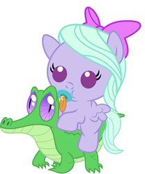 Size: 886x1067 | Tagged: safe, artist:red4567, flitter, gummy, pony, g4, baby, baby pony, cute, flitter riding gummy, flitterbetes, pacifier, ponies riding gators, riding