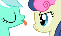 Size: 2128x1253 | Tagged: safe, artist:arifproject, bon bon, lyra heartstrings, sweetie drops, earth pony, pony, g4, bon bon is not amused, duo, eyes closed, simple background, tongue out, transparent background, unamused, vector