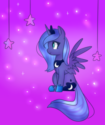 Size: 934x1111 | Tagged: safe, artist:sparklypumpkin, princess luna, g4, female, s1 luna, sitting, solo, spread wings, stars, tangible heavenly object