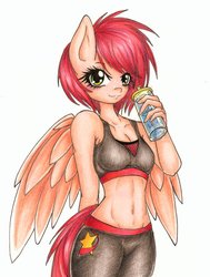Size: 1024x1351 | Tagged: safe, artist:bunnywhiskerz, oc, oc only, oc:red flyby, pegasus, anthro, abs, anthro oc, belly button, clothes, freckles, midriff, pants, simple background, solo, sports bra, traditional art, water bottle