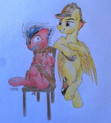 Size: 1920x2134 | Tagged: safe, artist:coffytacotuesday, spitfire, oc, oc:thunderstreak, pony, g4, bipedal, bondage, chair, deerstalker, detective, detective spitfire, eyepatch, gag, hat, pipe, rope, rope bondage, tape gag, tied up, traditional art