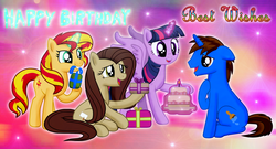 Size: 2343x1265 | Tagged: safe, artist:majkashinoda626, sunset shimmer, twilight sparkle, oc, alicorn, pony, g4, cake, food, happy birthday, magic, twilight sparkle (alicorn)