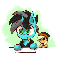 Size: 2000x2000 | Tagged: safe, artist:malphee, applejack, oc, pony, unicorn, g4, high res, mouth hold, paper, pencil, plushie