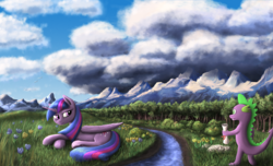 Size: 2149x1310 | Tagged: safe, artist:vladimir-olegovych, spike, twilight sparkle, alicorn, pony, g4, cloud, flower, forest, meadow, mountain, prone, river, scenery, scroll, stream, twilight sparkle (alicorn)