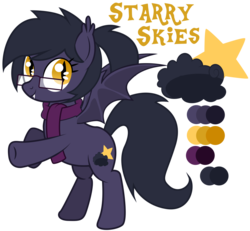 Size: 1024x948 | Tagged: safe, artist:matteglaze, oc, oc only, oc:starry skies, bat pony, pony, cutie mark, glasses, reference sheet, simple background, solo, transparent background