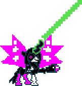 Size: 162x170 | Tagged: safe, queen chrysalis, g4, arm cannon, crossover, female, lightsaber, magic, mega man (series), megapony, mettaton, mettaton neo, pixel art, simple background, solo, sprite, star wars, sword, transparent background, undertale, video game, weapon