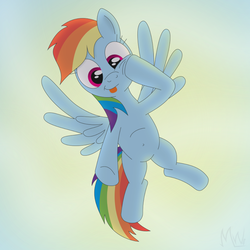 Size: 800x800 | Tagged: safe, artist:m.w., rainbow dash, pegasus, pony, g4, :p, backlighting, belly button, cute, dashabetes, female, flying, silly, silly pony, smiling, solo, tongue out