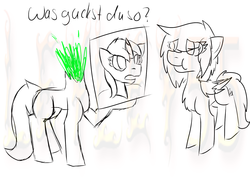 Size: 1400x1050 | Tagged: safe, artist:leyley55, oc, oc only, oc:leyley, oc:lime dream, pegasus, pony, unicorn, candy gore, decapitated, dialogue, disembodied head, fountain, german, head in a jar, jar, laughing, lime, simple background, translated in the comments, watermark, white background