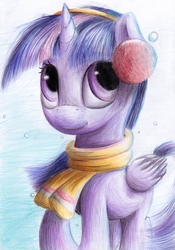 Size: 2454x3500 | Tagged: safe, artist:camyllea, twilight sparkle, alicorn, pony, g4, clothes, earmuffs, female, high res, scarf, smiling, solo, traditional art, twilight sparkle (alicorn), winter