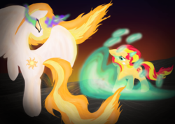 Size: 1024x724 | Tagged: safe, artist:mimicproductions, nightmare star, princess celestia, sunset shimmer, pony, g4, dark magic, duo, fight, fire, glowing horn, horn, magic, sombra eyes