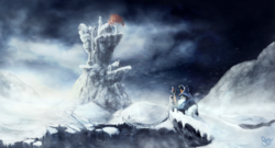 Size: 3331x1796 | Tagged: safe, artist:nemo2d, star swirl the bearded, g4, blizzard, bridge, cape, cliff, clothes, hat, house, magic, male, night sky, scenery, snow, snowfall, solo, staff, tundra, wizard hat