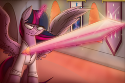Size: 1280x846 | Tagged: safe, artist:stuflox, twilight sparkle, alicorn, pony, the count of monte rainbow, g4, female, glowing horn, horn, magic, mondego, monsparkle, solo, sword, telekinesis, the count of monte cristo, twilight sparkle (alicorn), weapon