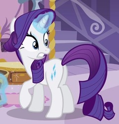 Size: 526x549 | Tagged: safe, screencap, rarity, pony, unicorn, g4, sisterhooves social, butt, cropped, female, glowing horn, horn, looking back, magic, mare, plot, raised hoof, solo, telekinesis