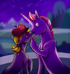 Size: 2022x2143 | Tagged: safe, artist:vindhov, oc, oc only, oc:honeycrisp, oc:riposte, earth pony, pony, unicorn, duo, female, hat, high res, kissing, male, mare, night, oc x oc, offspring, offspring shipping, parent:big macintosh, parent:cheerilee, parent:princess cadance, parent:shining armor, parents:cheerimac, parents:shiningcadance, shipping, stallion, story included, straight