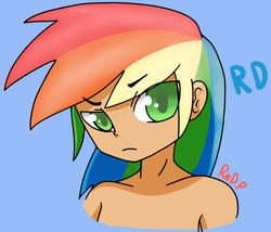 Size: 900x770 | Tagged: safe, artist:redprep, rainbow dash, changeling, human, g4, blue background, bust, disguise, disguised changeling, female, green eyes, humanized, portrait, simple background, solo