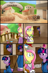 Size: 1280x1944 | Tagged: safe, artist:stuflox, angel bunny, fluttershy, twilight sparkle, alicorn, bird, pony, comic:the count of monte rainbow, the count of monte rainbow, g4, balcony, clothes, comic, mondego, monsparkle, shycedes, the count of monte cristo, twilight sparkle (alicorn)