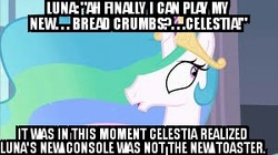 Size: 300x168 | Tagged: safe, edit, edited screencap, screencap, princess celestia, princess luna, g4, caption, female, meme, offscreen character, solo, this will end in tears and/or death