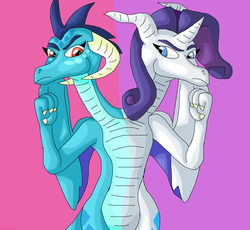Size: 1584x1456 | Tagged: safe, artist:mojo1985, princess ember, rarity, dragon, g4, conjoined, dragoness, dragonified, female, lesbian, multiple heads, my waifus have fused, raridragon, ship:emberity, shipping, species swap, two heads, two-headed dragon
