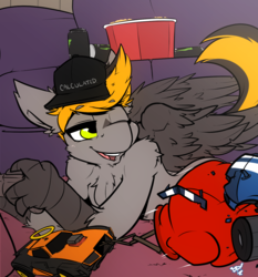 Size: 1272x1364 | Tagged: safe, artist:bbsartboutique, oc, oc only, oc:digital import, hippogriff, boxing gloves, car, commission, controller, food, gaming, halo, hat, monster energy, one eye closed, open mouth, popcorn, rocket league, signature, solo, talons, text, wink