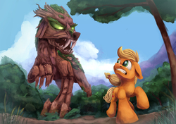 Size: 2557x1800 | Tagged: safe, artist:insanerobocat, applejack, earth pony, pony, timber wolf, g4, ears back, forest, gritted teeth, hatless, looking back, missing accessory, running
