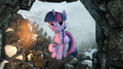 Size: 4000x2250 | Tagged: safe, artist:redaceofspades, twilight sparkle, alicorn, pony, g4, 3d, cave, female, looking at you, looking in, skyrim, snow, solo, source filmmaker, the elder scrolls, torch, twilight sparkle (alicorn)