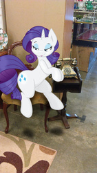 Size: 1440x2560 | Tagged: safe, artist:joey darkmeat, artist:spier17, artist:tokkazutara1164, rarity, pony, g4, carpet, chair, irl, lidded eyes, old school, phone, photo, plate, ponies in real life, rug, shadow, sitting, solo, table, vector