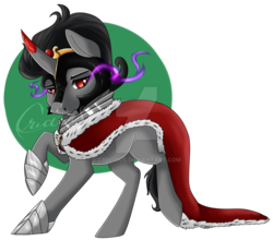 Size: 1024x901 | Tagged: safe, artist:crecious, king sombra, g4, lidded eyes, male, raised hoof, raised leg, simple background, solo, transparent background, watermark