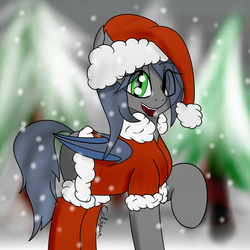 Size: 1500x1500 | Tagged: safe, artist:eclipsepenumbra, oc, oc only, oc:eclipse penumbra, bat pony, pony, christmas, clothes, fangs, green eyes, hair over one eye, hat, looking at you, santa hat, signature, smiling, snow, snowfall, socks, solo