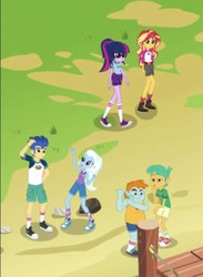 Size: 501x685 | Tagged: safe, screencap, flash sentry, sci-twi, snails, snips, sunset shimmer, trixie, twilight sparkle, equestria girls, g4, legend of everfree, camp everfree outfits, clothes, converse, cropped, female, legs, male, shoes, sneakers