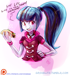 Size: 850x916 | Tagged: safe, artist:manic-the-lad, sonata dusk, equestria girls, g4, a dash of everything, cute, female, food, motivational, patreon, patreon logo, positive ponies, solo, sonatabetes, sonataco, taco, taco tuesday, that girl sure loves tacos, that siren sure does love tacos