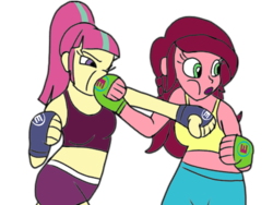 Size: 800x600 | Tagged: safe, artist:toyminator900, gloriosa daisy, sour sweet, equestria girls, g4, boxing, clothes, exeron fighters, exeron gloves, midriff, mma, punch, sports bra