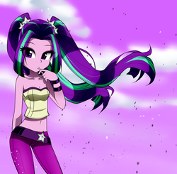 Size: 1840x1800 | Tagged: safe, artist:nekojackun, aria blaze, equestria girls, g4, aria flat, ariabetes, bare shoulders, belly button, belt, breasts, clothes, cute, delicious flat chest, female, midriff, pants, sleeveless, solo, strapless, tube top, windswept hair