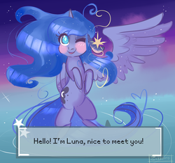 Size: 1600x1500 | Tagged: safe, artist:zakkurro, princess luna, alicorn, pony, g4, bipedal, blush sticker, blushing, dialogue, female, mare, one eye closed, one wing out, smiling, solo, visual novel, wink