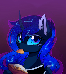 Size: 1600x1786 | Tagged: safe, artist:magnaluna, princess luna, pony, g4, cheek fluff, chips, color porn, constellation, curved horn, cute, ear fluff, female, food, galaxy mane, horn, looking at you, lunabetes, mare, neck fluff, purple background, simple background, solo