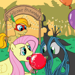 Size: 1000x1000 | Tagged: artist needed, safe, fluttershy, queen chrysalis, oc, g4, apple, balloon, brazil, brchan, candy apple, eating, face paint, feather, food, gif, non-animated gif, welcome