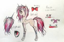 Size: 1280x848 | Tagged: safe, artist:pinkamenacheshirepie, oc, oc only, oc:tourniquet, bandaid, bow, reference sheet, solo, traditional art