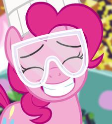Size: 371x411 | Tagged: safe, screencap, pinkie pie, earth pony, pony, g4, maud pie (episode), cropped, cute, diapinkes, female, goggles, mare, safety goggles, smiling, solo