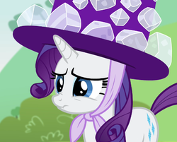 Size: 510x410 | Tagged: safe, screencap, rarity, pony, unicorn, g4, maud pie (episode), cropped, cute, female, giant hat, hat, mare, nose wrinkle, raribetes, scrunchy face, solo