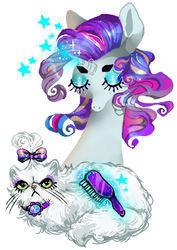 Size: 496x700 | Tagged: safe, artist:suippumato, opalescence, rarity, cat, pony, g4, angry, brush, brushing, eyes closed, grooming, looking at you, magic, simple background, telekinesis, white background