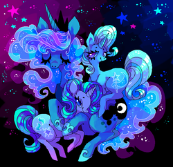 Size: 600x581 | Tagged: safe, artist:suippumato, princess luna, starlight glimmer, trixie, pony, unicorn, g4, color porn, eyes closed, hug, pony pile, stars