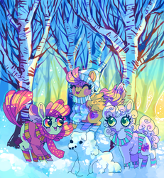 Size: 600x650 | Tagged: safe, artist:suippumato, apple bloom, scootaloo, sweetie belle, g4, clothes, cute, cutie mark, cutie mark crusaders, forest, hat, scarf, snow, snowpony, socks, striped socks, sweater, the cmc's cutie marks, tongue out, winter outfit