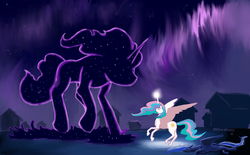 Size: 1500x930 | Tagged: safe, artist:baron engel, princess celestia, princess luna, tantabus, g4, big sister instinct, confrontation, dark, glowing horn, horn, magic, night, on side, ponyville, protecting, rearing, spread wings, wip