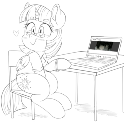 Size: 783x766 | Tagged: safe, artist:purple-yoshi-draws, twilight sparkle, alicorn, pony, g4, blushing, bracelet, clothes, computer, death note, eager, female, glasses, heart, jewelry, l lawliet, laptop computer, monochrome, shirt, simple background, sitting, smiling, solo, twilight sparkle (alicorn), white background, youtube