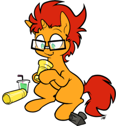 Size: 683x739 | Tagged: safe, artist:egophiliac, oc, oc only, oc:sunflare, pony, unicorn, blank flank, foal, glasses, smoothie, solo, telescope