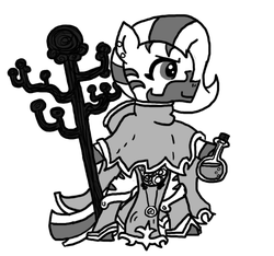 Size: 640x600 | Tagged: safe, artist:ficficponyfic, oc, oc only, deity, zebra, colt quest, ambiguous gender, clothes, confident, cyoa, ear piercing, god, goddess, jewelry, monochrome, piercing, potion, robe, smiling, solo, staff, story included, wood