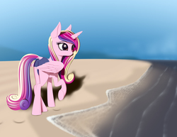 Size: 2400x1855 | Tagged: safe, artist:styroponyworks, princess cadance, pony, g4, beach, butt, clothes, dock, female, mare, plot, solo, underwear