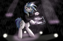 Size: 6600x4363 | Tagged: safe, artist:strachattack, dj pon-3, vinyl scratch, pony, g4, absurd resolution, bipedal, concert, crowd, female, hologram, magic, open mouth, solo, spotlight, stage, turntable, underhoof