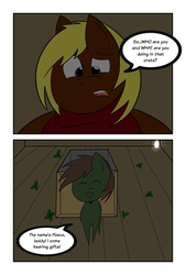 Size: 4342x6442 | Tagged: safe, artist:facade, oc, oc only, oc:joey butterscotch, oc:posco, earth pony, pony, comic:stalwart silence, absurd resolution, clovers, comic, crate, male
