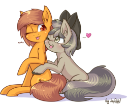 Size: 1431x1208 | Tagged: safe, artist:dsp2003, oc, oc only, oc:meadow stargazer, oc:stone, earth pony, pony, blushing, cute, female, heart, hug, lesbian, shipping, simple background, tongue out, transparent background