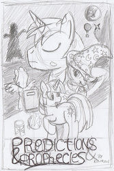 Size: 617x925 | Tagged: safe, artist:kinrah, trixie, twilight sparkle, oc, pony, unicorn, g4, fanfic, fanfic art, fanfic cover, mare in the moon, moon, traditional art, wip
